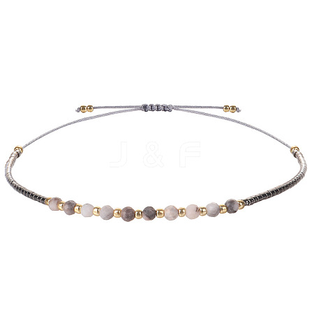 2mm Faceted Natural Grey Agate Beaded Braided Adjustable Bracelets for Women PF2854-12-1