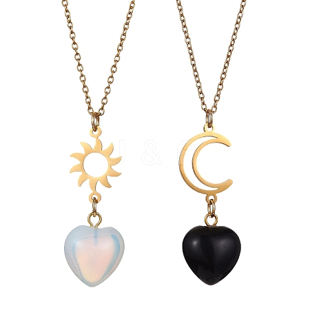 2Pcs 2 Style Opalite & Natural Obsidian Heart Pendant Necklaces Set NJEW-JN04484-1