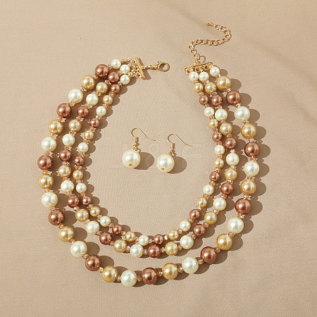 Resin Imitation Pearl Round Beaded Multilayer Necklaces & Dangle Earrings Sets WG4EAB6-04-1