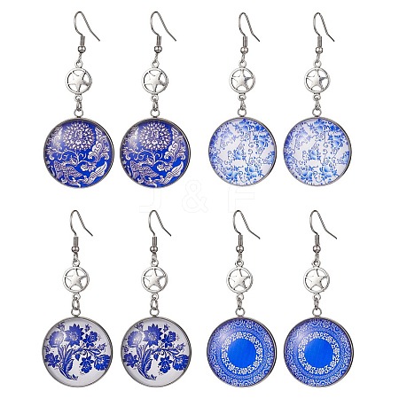 Blue Glass Flat Round & Alloy Star Dangle Earrings EJEW-JE05402-1