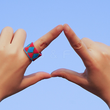 Adjustable Bohemian Style 304 Stainless Steel and Glass Seed Beads Cuff Rings FS-WG09053-21-1