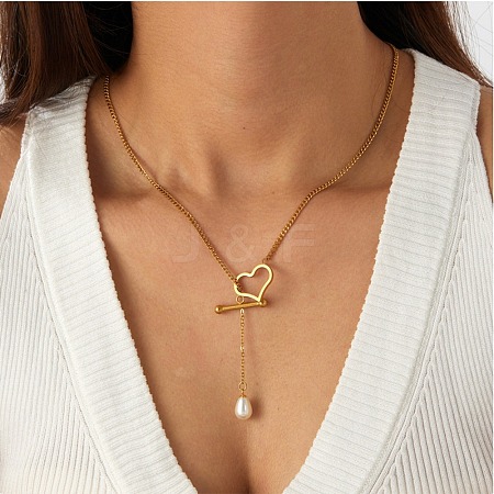 Adjustable Plastic Imitation Pearl Teardrop Tassel 304 Stainless Steel Heart OT Clasps Lariat Necklaces for Women SA-CBA364C-01G-1