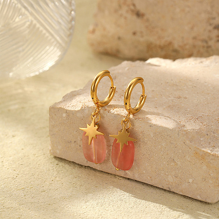 Retro Minimalist Natural Cherry Quartz Glass Stainless Steel Hoop Earrings PW8328-4-1