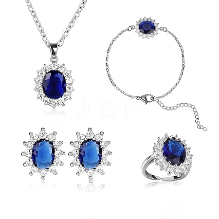 Cubic Zirconia Oval Pendant Necklace & Link Bracelet & Cuff Ring & Stud Earrings SJEW-SZC0001-01C-1