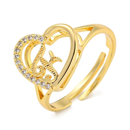 Heart with Letter Rack Plating Brass Micro Pave Cubic Zirconia Adjustable Rings for Women RJEW-I105-06G-F-1