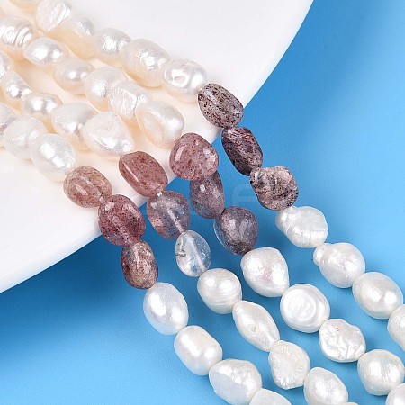 Natural Strawberry Quartz Nuggets & Natural Cultured Freshwater Pearl Beads Strands PEAR-N023-01A-13-1