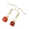 Natural Carnelian with Round Shell Pearl Beads Cube Dangle Earrings EJEW-JE07522-4