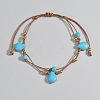 Bohemian Style Teardrop Synthetic Turquoise & CCB Plastic Round Waxed Cord Braided Double Layer Anklets for Women FS-WGDC0FD-01-4