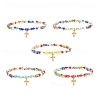 Millefiori Glass Beaded Stretch Bracelet with 304 Stainless Steel Cross Charm for Women BJEW-JB08521-1