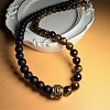 Vintage Frosted 8MM Natural Black Onyx(Dyed & Heated) and Tiger Eye Round Beaded Necklaces with Alloy Column for Men DB2700-3