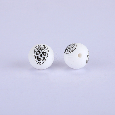Printed Round with Skull Pattern Silicone Focal Beads SI-JX0056A-196-1