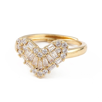Clear Cubic Zirconia Heart Adjustable Ring RJEW-L100-024G-1