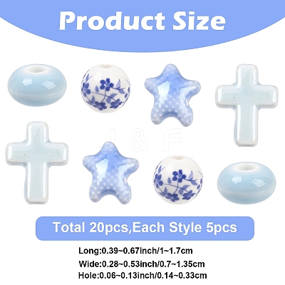 20Pcs 4 Styles Handmade Flower Printed Porcelain Ceramic Beads Strands PORC-YW0001-58-1