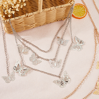 2Pcs 2 Colors  Aluminum Butterfly Tassel 3 Layered Waist Body Chains for Women Girls AJEW-HS0001-17-1