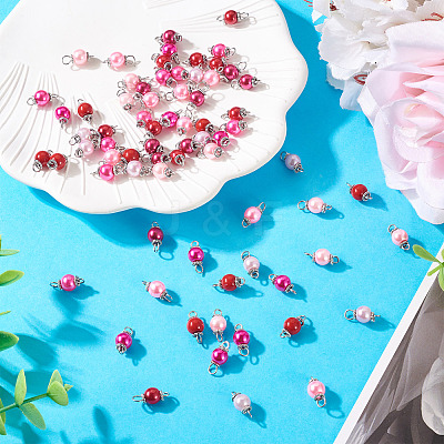 80Pcs 8 Colors Glass Pearl Round Connector Charms PALLOY-TA00263-1