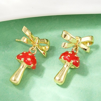 Mushroom with Bowknot Brass Enamel Dangle Stud Earrings EJEW-F895-25A-G-1