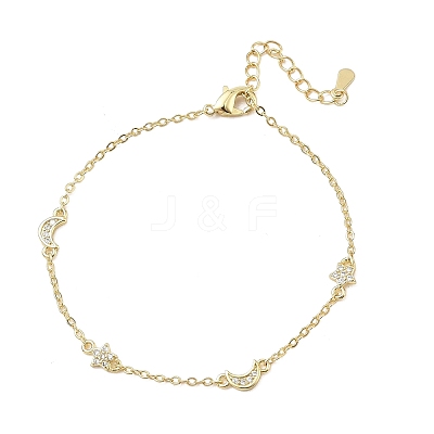 Brass Micro Pave Clear Cubic Zirconia Moon Star Link Chain Bracelets KK-CBA6980-28G-1