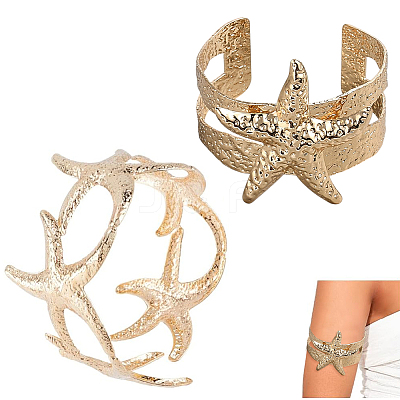 2Pcs 2 Styles  Starfish Alloy Arm Cuff Bangles for Girl Women BJEW-CY0001-05G-1