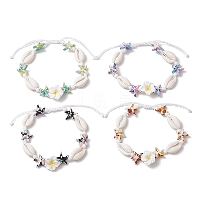 Starfish & Plumeria Synthetic Turquoise & Natural Cowrie Shell & Polymer Clay Beads Braided Bead Bracelets for Women BJEW-JB11847-1