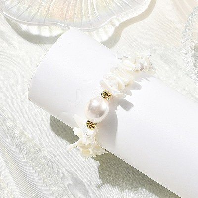 Ocean Oval Shell Pearl & Natural Shell Chip Beaded Bracelets for Women BJEW-JB14396-1