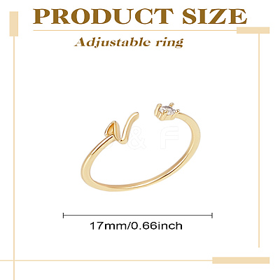 1Pc Letter Brass Rhinestone Open Cuff Rings for Women AJEW-LP0004-47V-G-1