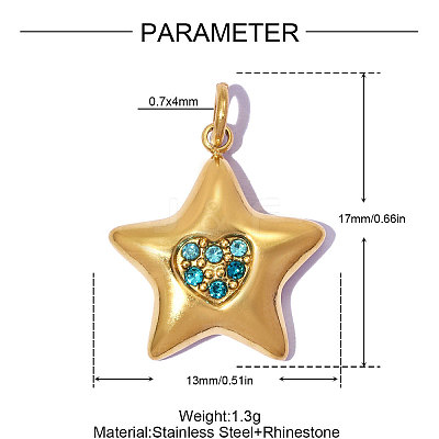 304 Stainless Steel with Light Sapphire Rhinestone Pendants RB-OY001-26G-1