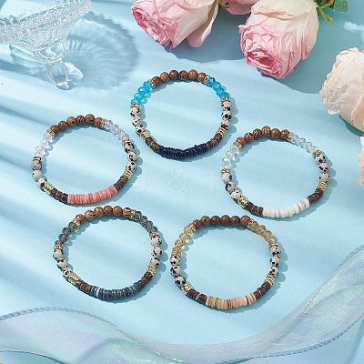 Round Natural Dalmatian Jasper & Glass & Wooden Beaded Stretch Bracelets for Women BJEW-JB10845-1