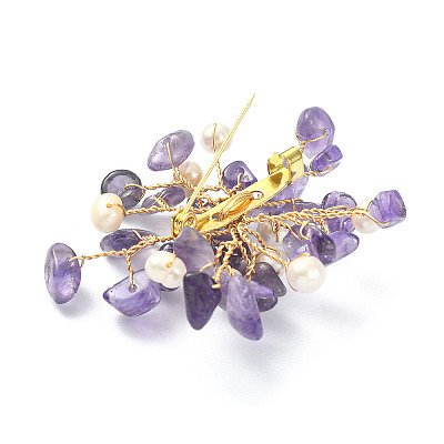 Natural Amethyst Chips & Pearl Beaded Flower Brooch Pin JEWB-BR00098-01-1