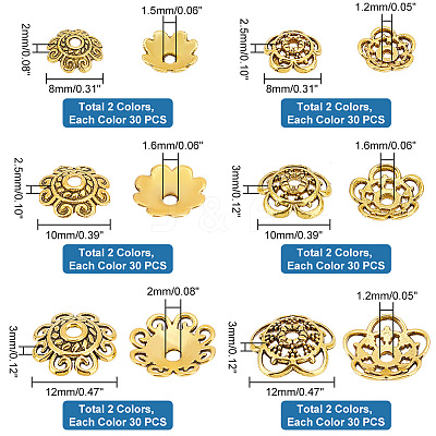 360Pcs 12 Style Tibetan Style Alloy Bead Caps FIND-PH0006-57-1