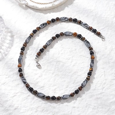 Round Natural Tiger Eye & Obsidian & Twist Synthetic Non-Magnetic Hematite Beaded Necklaces NJEW-JN05728-01-1