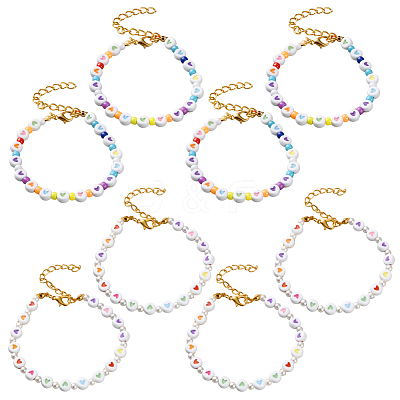 8Pcs 2 Colors Flat Round with Heart Acrylic Beads Bracelets for Women BJEW-HY0001-16-1