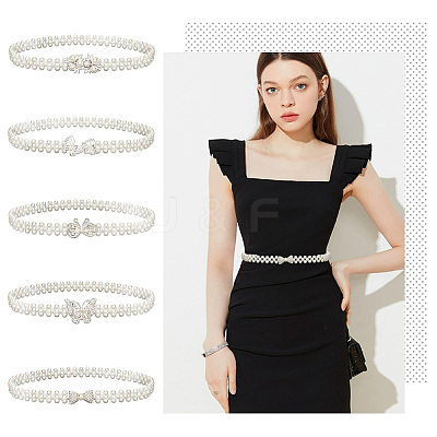 5Pcs 5 Style Acrylic Pearl Braided Stretch Chain Belt with Alloy Clasp AJEW-GA0004-49-1
