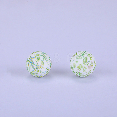 Printed Round with Leaf Pattern Silicone Focal Beads SI-JX0056A-204-1