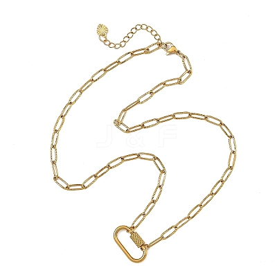 304 Stainless Steel Oval Screw Carabiner Lock Pendant Textured Paperclip Chain Necklaces NJEW-JN06576-02-1