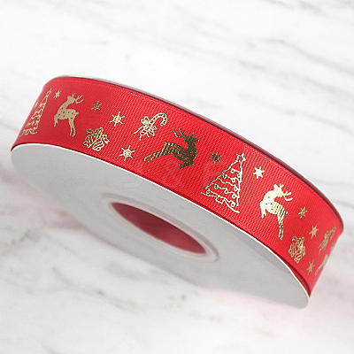 25 Yards Flat Christmas Reindeer Printed Polyester Grosgrain Ribbons XMAS-PW0001-182I-1