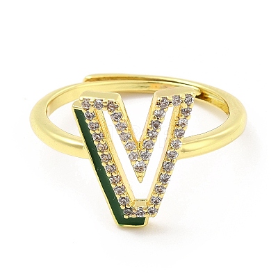 Mixed Color Enamel Initial Letter Adjustable Ring with Clear Cubic Zirconia RJEW-P045-01G-V-1