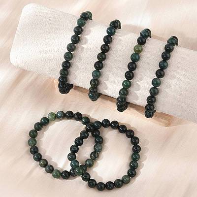 Natural Moss Agate Beaded Stretch Bracelets B072-5-1