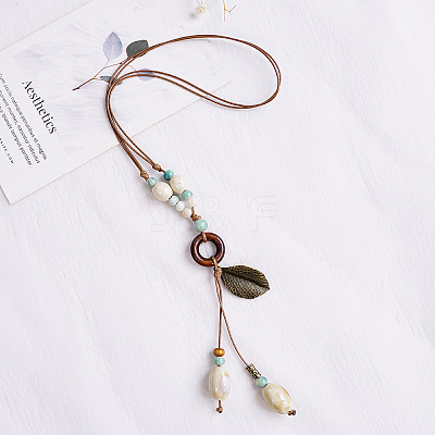 Ethnic Alloy Leaf & Porcelain & Wood Ring Pendant Adjustable Y Necklaces for Women FS-WG89735-02-1