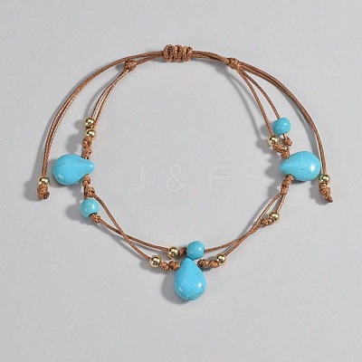 Bohemian Style Teardrop Synthetic Turquoise & CCB Plastic Round Waxed Cord Braided Double Layer Anklets for Women FS-WGDC0FD-01-1