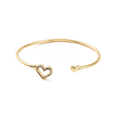 Colorful Cubic Zirconia Heart Open Cuff Bangle BJEW-P280-03G-1