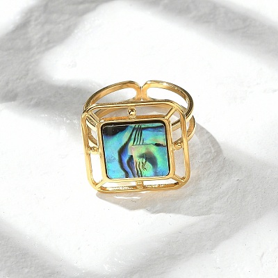 Square 304 Stainless Steel Paua Shell Cuff Rings for Women RJEW-G346-03G-01-1