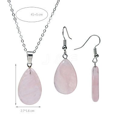 Teardrop Natural Rose Quartz Pendant Necklaces & Dangle Earrings Sets FS-WGAC060-01-1