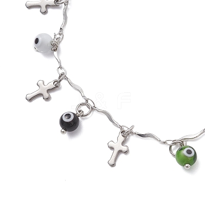 Handmade Evil Eye Lampwork & 304 Stainless Steel Cross Tassel Bar Link Chain Anklets for Women AJEW-AN00741-01-1