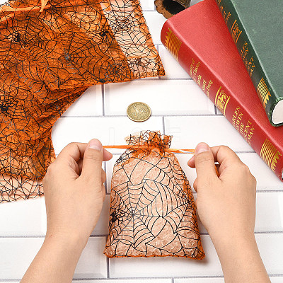 Halloween Theme Spider Printed Organza Drawstring Bags ABAG-WH20021-006C-1