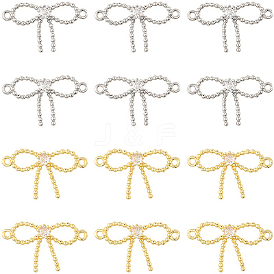16Pcs 2 Colors Rack Plating Brass Pave Clear Cubic Zirconia Bowknot Connector Charms KK-SC0006-77-1
