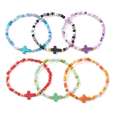6Pcs Synthetic Turquoise Beaded Stretch Bracelets BJEW-JB11218-1