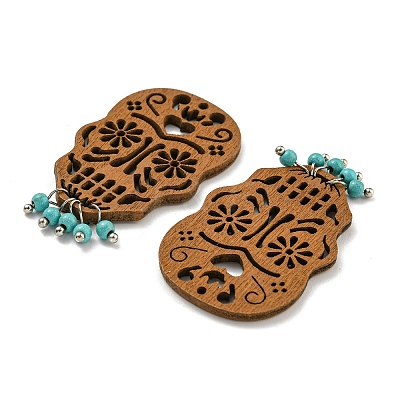 Laser Cut Poplar Wood Pendants Skull Charms with Dyed Synthetic Turquoise FIND-G073-05-1