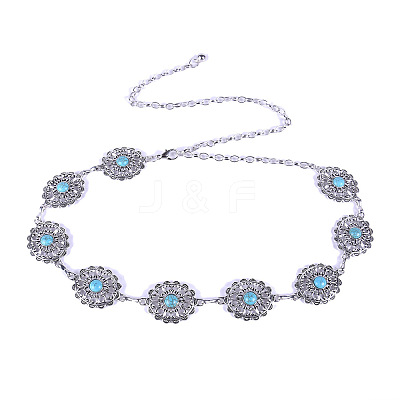 Alloy with Synthetic Turquoise Oval Flower Link Chain Waist Chains for Women FS-WG10943-01-1