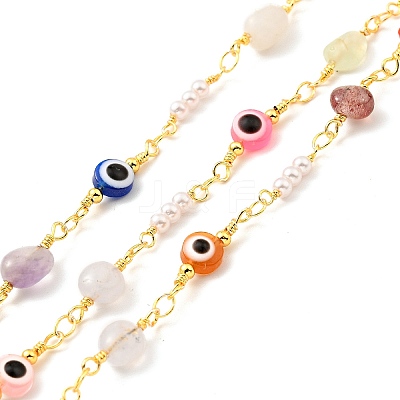 Natural Mixed Gemstone Nuggets & Colorful Glass Evil Eye Beaded Chain CHC-G017-11G-1