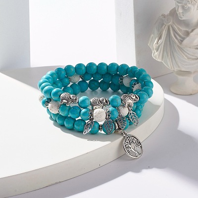 Synthetic Turquoise & Natural Lava Rock Round Beads Stretch Bracelets Set BJEW-JB07465-1